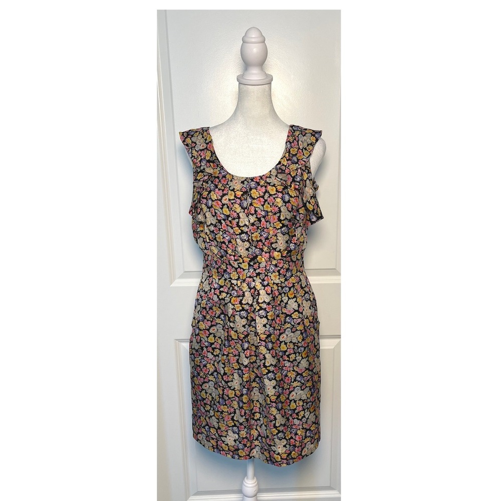 Leifsdottir Floral Silk Dress Womens Sz 8 Black Multicolor Ruffle Sleeve Pockets